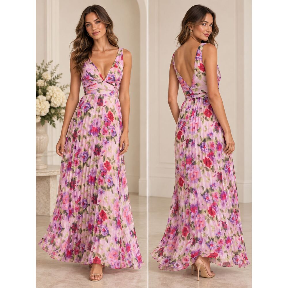 Lulus Morgana Maxi Dress Pink Multi Floral Satin Pleated Size XS NWT
